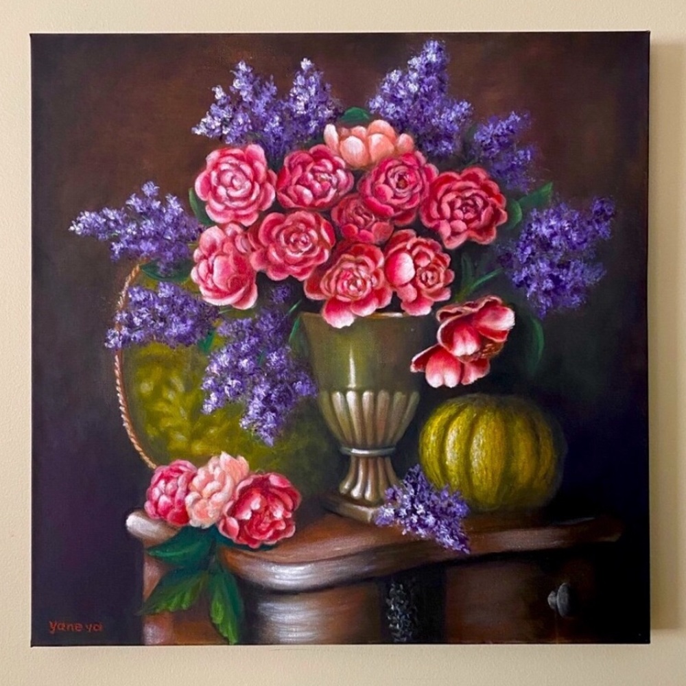 Giclee still life pink roses flowers in the vase floral print on wrapped canvas